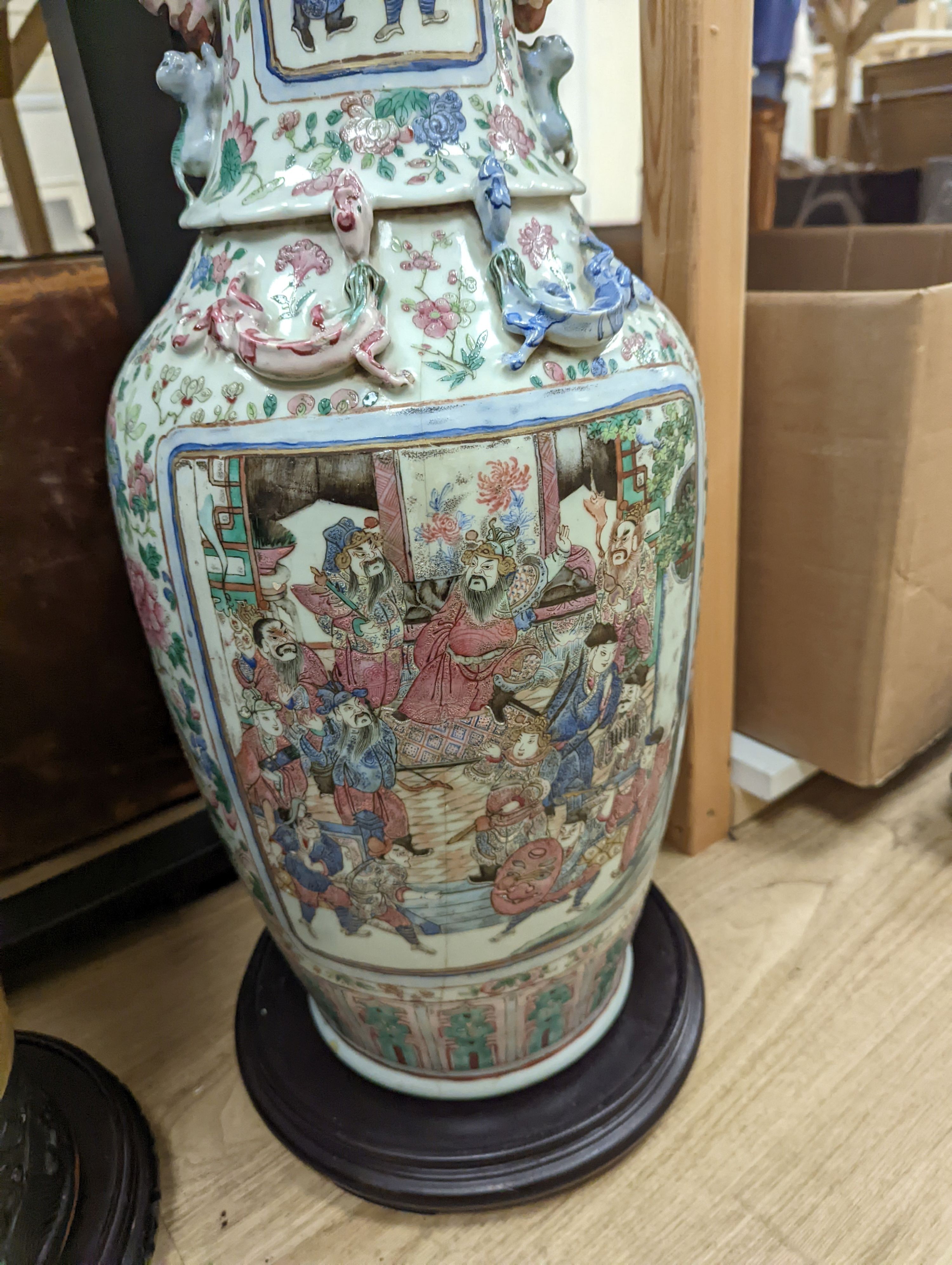 A large Chinese crackle glaze vase, late 19th/early 20th century and a large Chinese famille rose vase, late 19th century, tallest 60 cm.